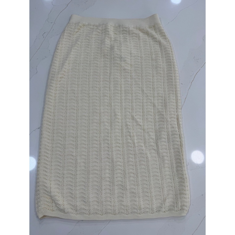 Theory Crochet‎ Midi Skirt Ivory Knit Pull On Elastic Waist Size M J0514712